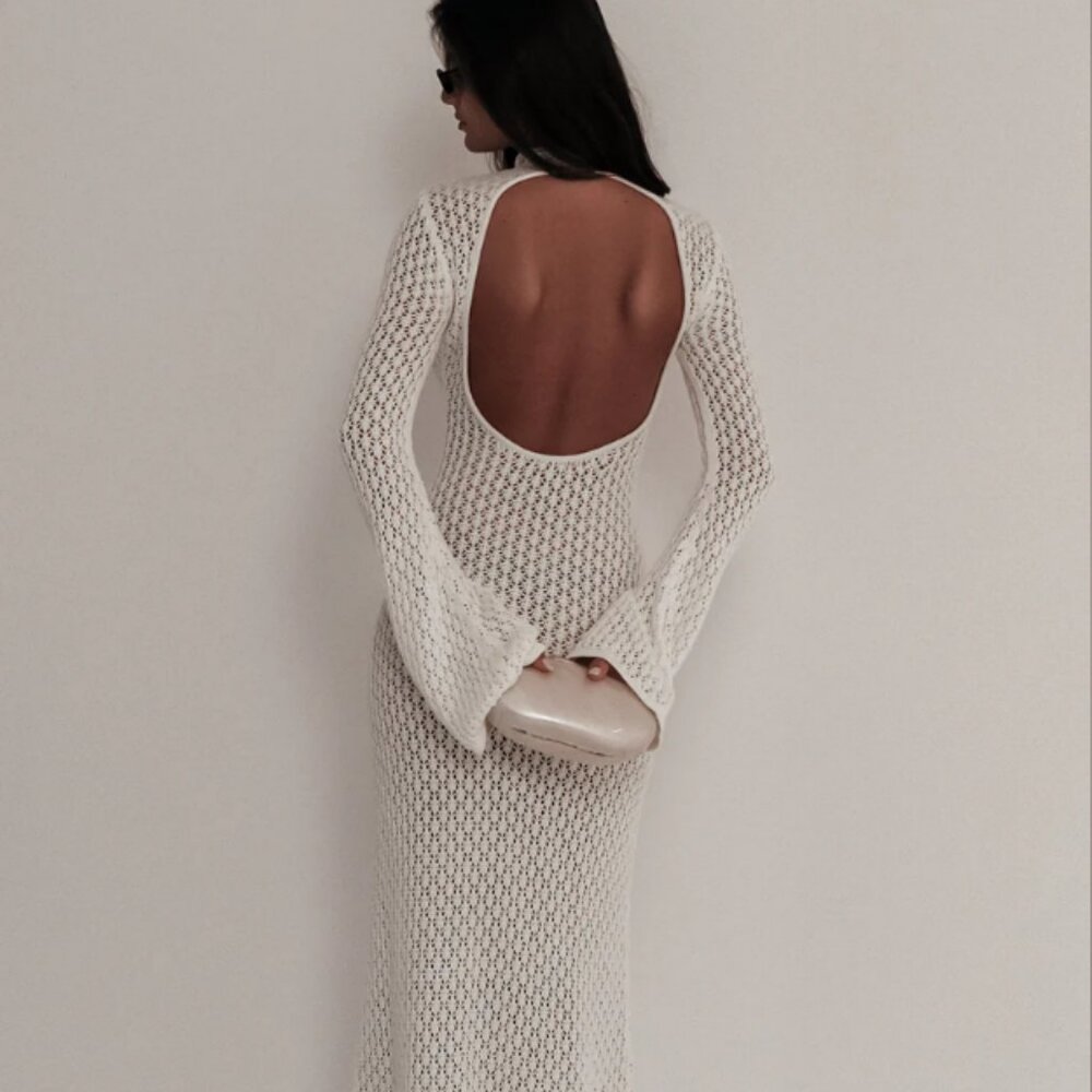 MESHKI Julia Crochet Open Back Maxi Dress - White - SMALL